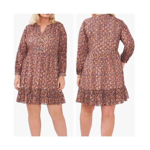 Vince Camuto Brown and Gold Long Sleeved Split Neck Mini Dress Large - Picture 2 of 9